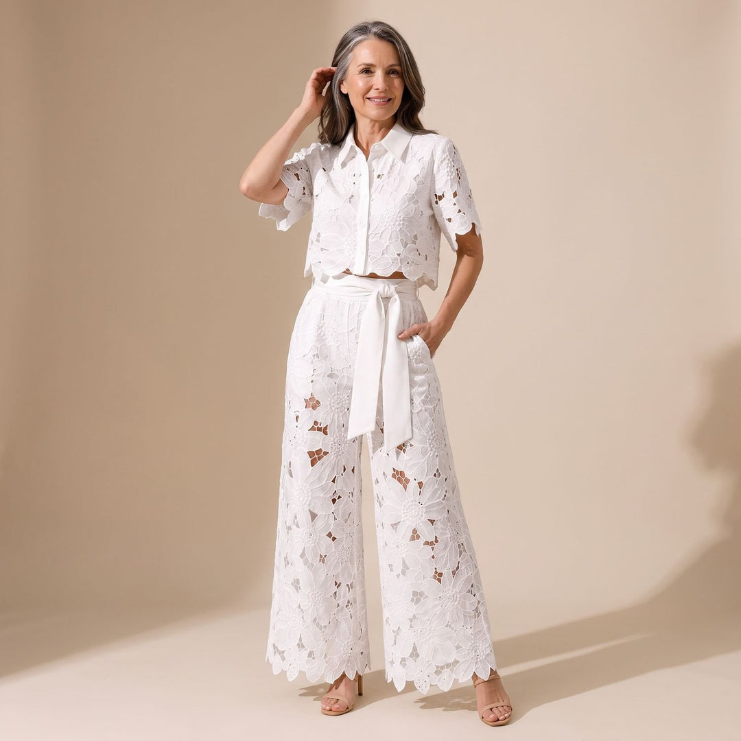 Women's Floral Lace Cropped Top Wide-Leg Pants Two Piece Set - White
