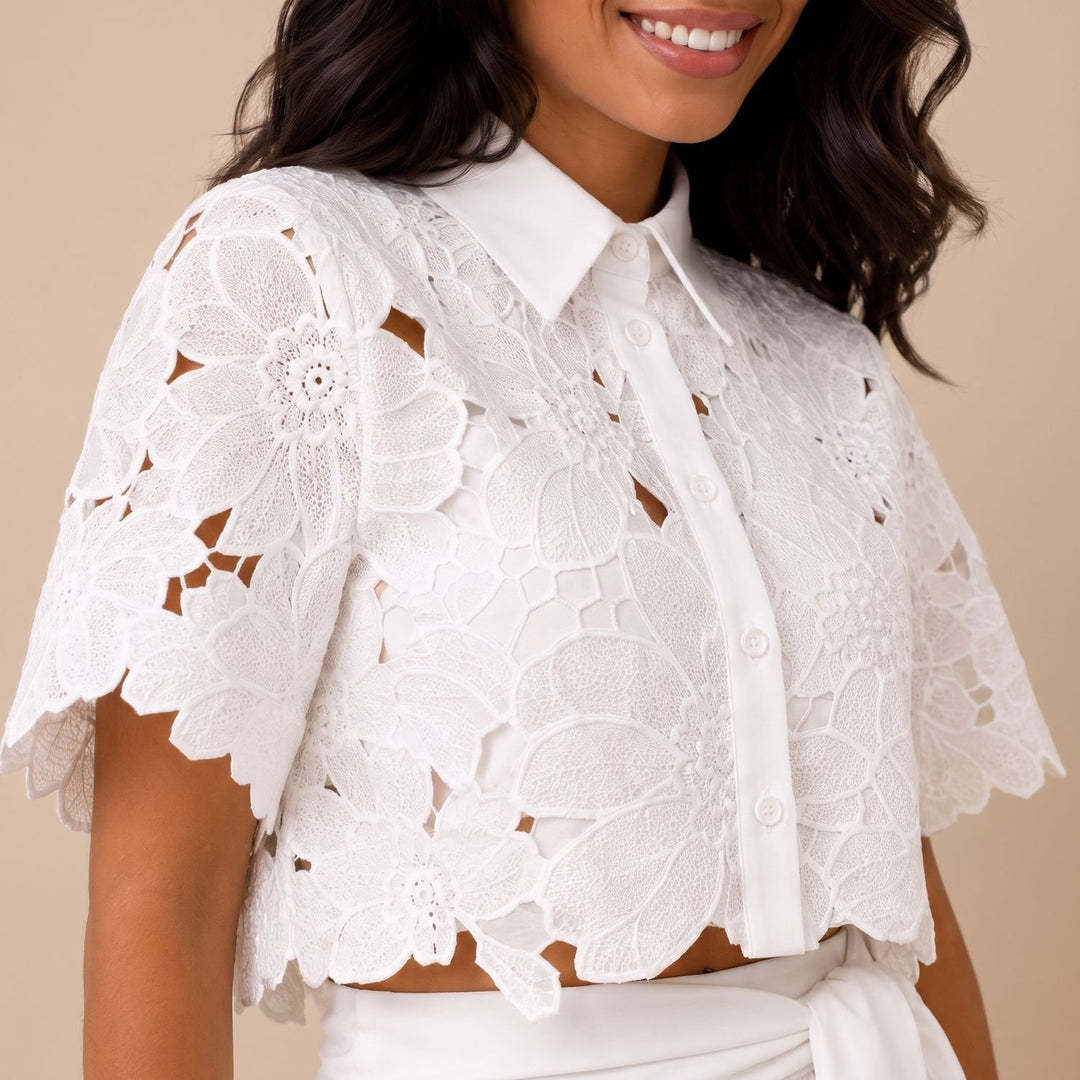 Women's Floral Lace Cropped Top Wide-Leg Pants Two Piece Set