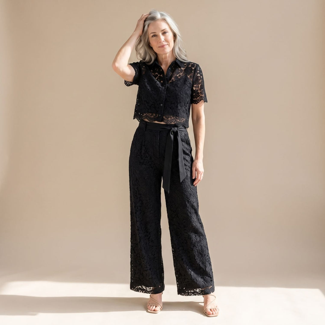 Women's Floral Lace Cropped Top Wide-Leg Pants Two Piece Set - Black