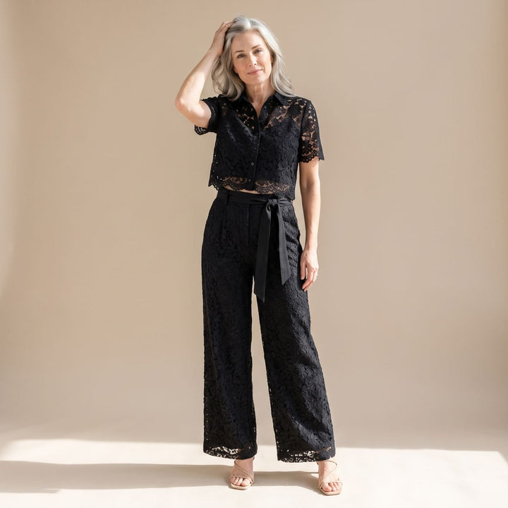 Women's Floral Lace Cropped Top Wide-Leg Pants Two Piece Set - Black