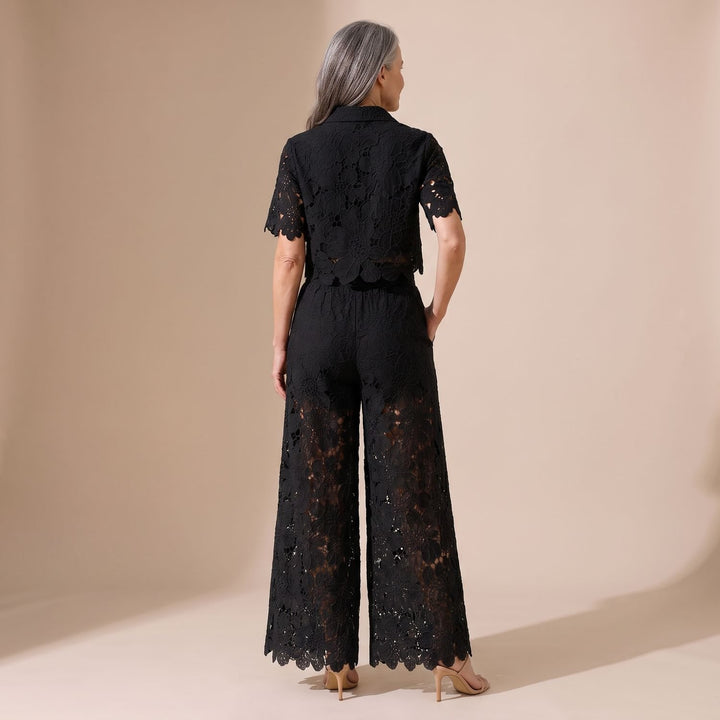 Women's Floral Lace Cropped Top Wide-Leg Pants Two Piece Set