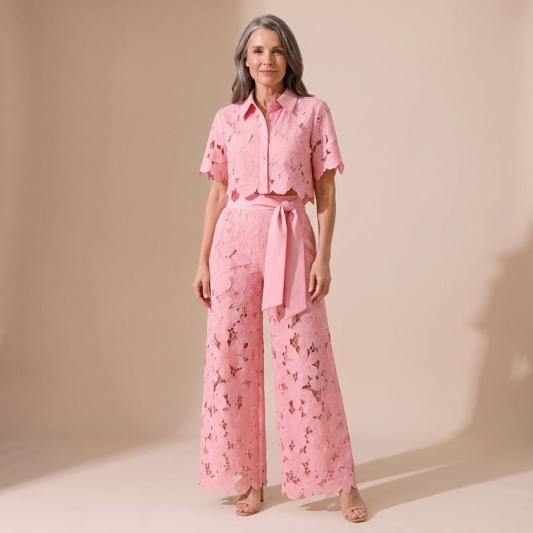 Women's Floral Lace Cropped Top Wide-Leg Pants Two Piece Set - Pink