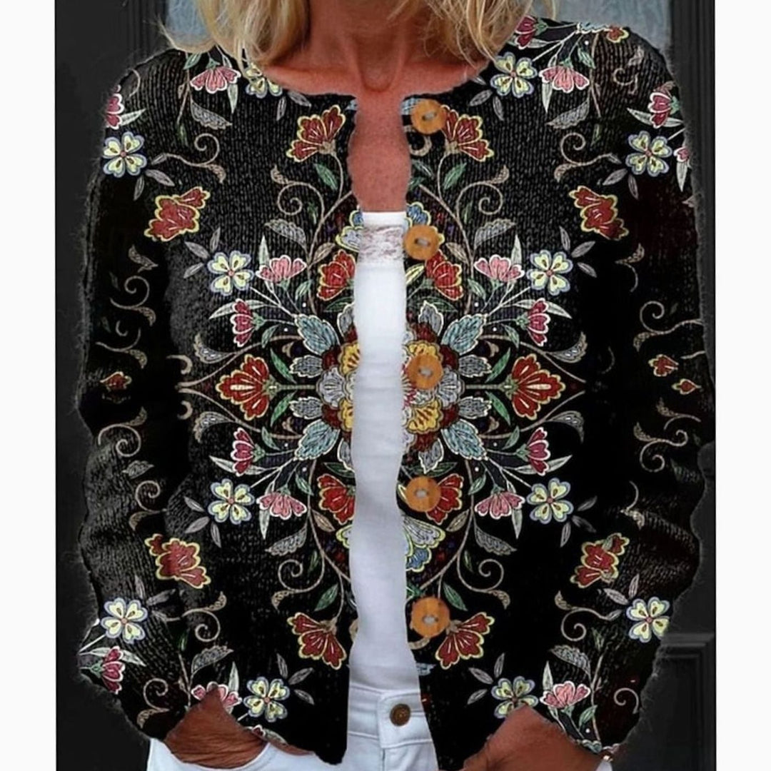 Women's Floral Long-Sleeve Knit Button-Front Cardigan - Black