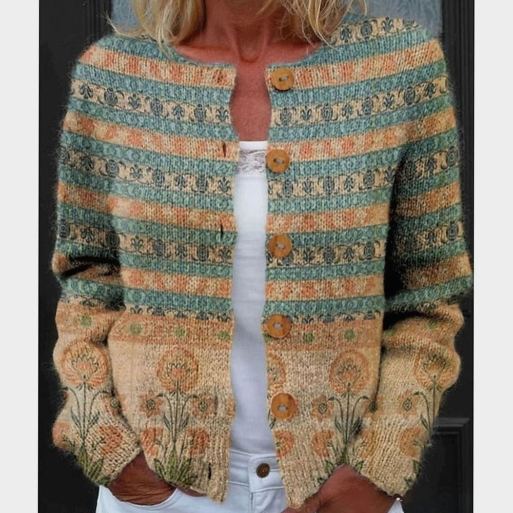 Women's Floral Long-Sleeve Knit Button-Front Cardigan - Green