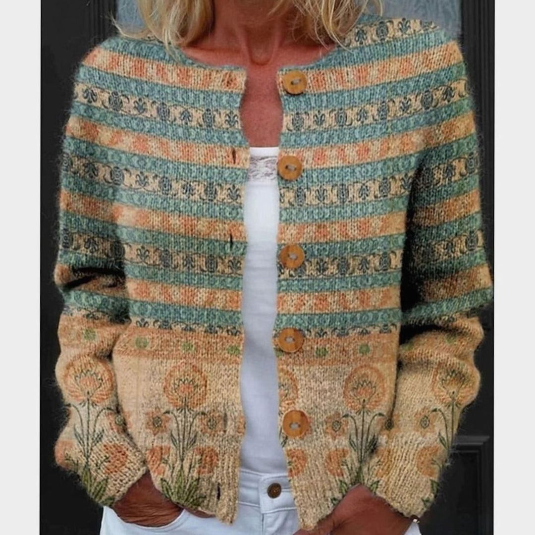 Women's Floral Long-Sleeve Knit Button-Front Cardigan - Green