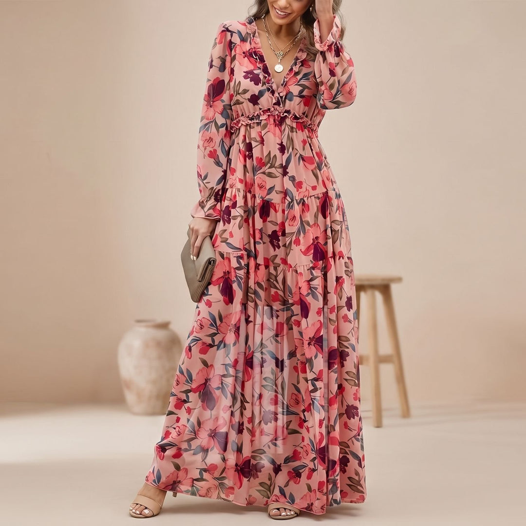 Women's Floral Long-Sleeve V-Neck Formal Maxi Dress - Pink