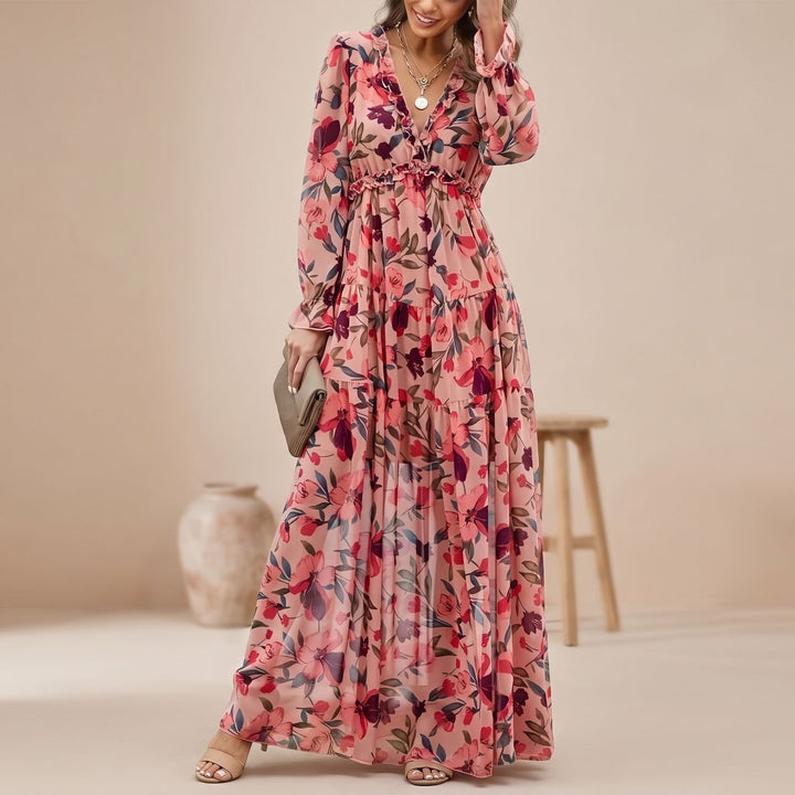 Women's Floral Long-Sleeve V-Neck Formal Maxi Dress - Pink