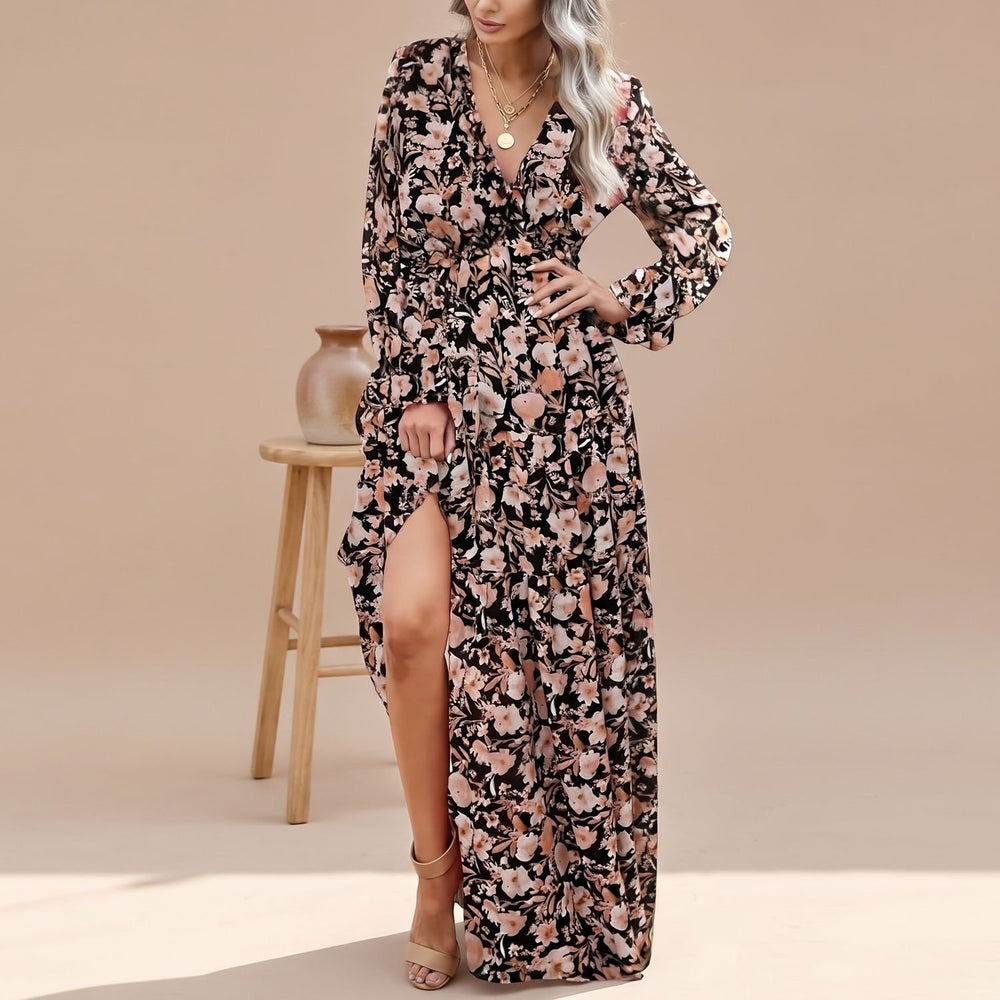 Women's Floral Long-Sleeve V-Neck Formal Maxi Dress - Coffee Brown