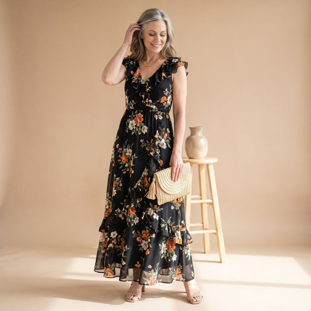 Women's Floral Long-Sleeve V-Neck Formal Maxi Dress - Black