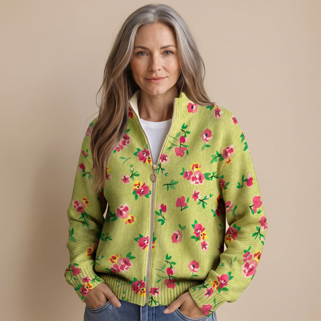 Women's Floral Print Relaxed-Fit Full-Zip Knit Bomber Jacket