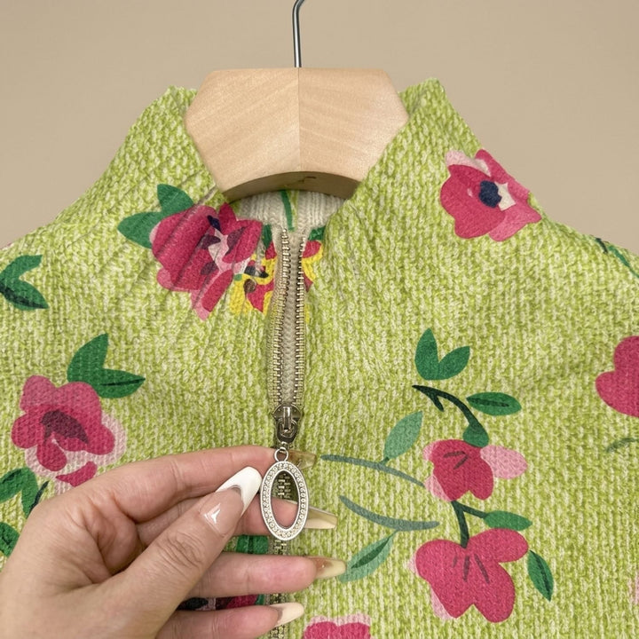 Women's Floral Print Relaxed-Fit Full-Zip Knit Bomber Jacket