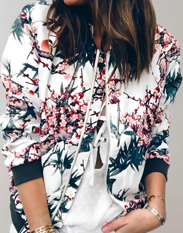 Women's Floral Print Zip-Up Bomber Jacket, White - White