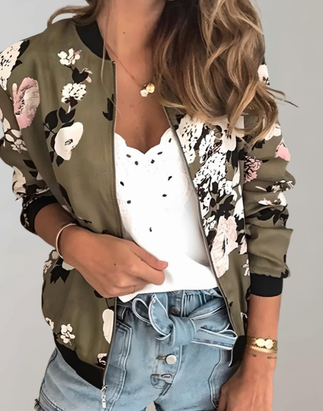 Women's Floral Print Zip-Up Bomber Jacket, White - Army Green