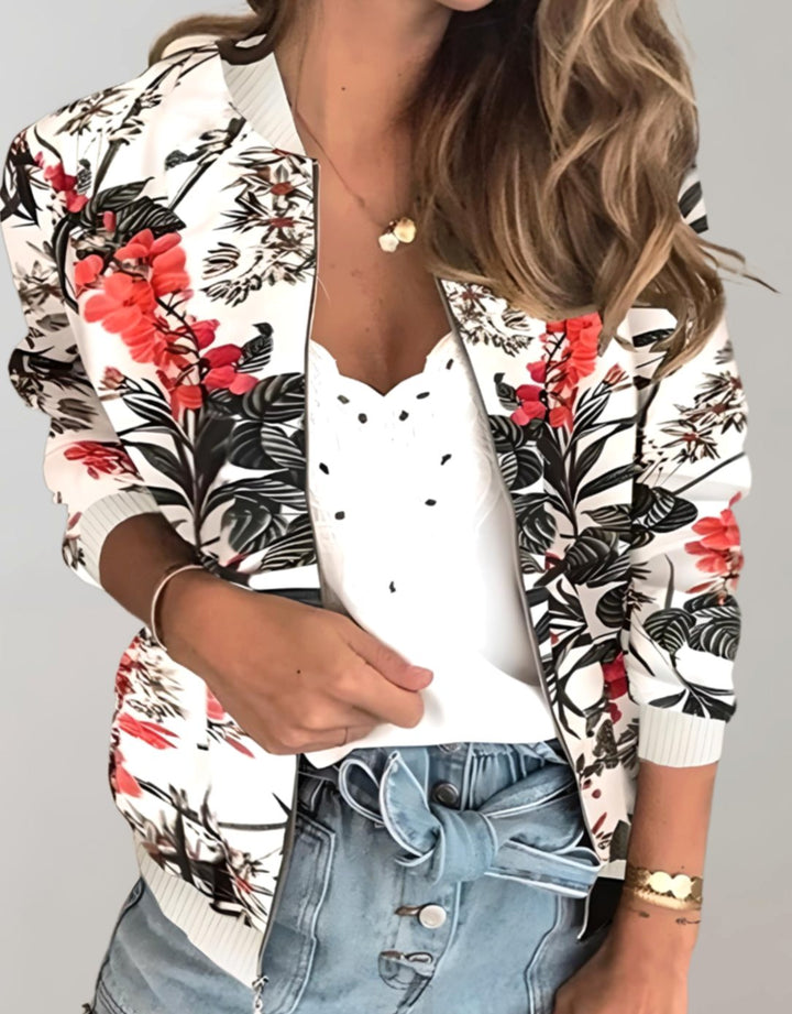 Women's Floral Print Zip-Up Bomber Jacket, White - White 2