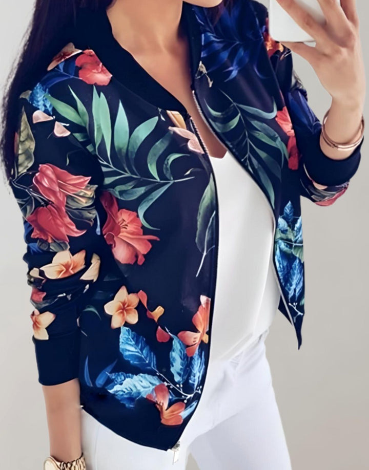 Women's Floral Print Zip-Up Bomber Jacket, White - Blue