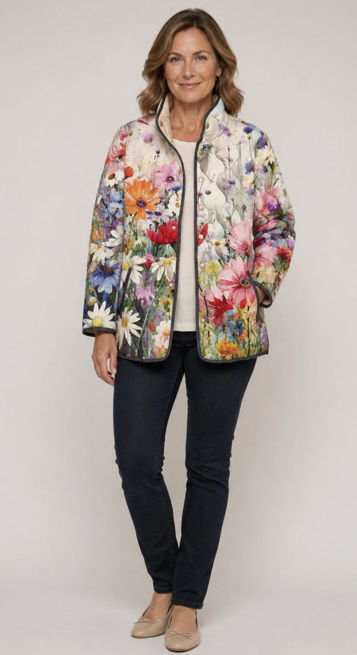 Women's Floral Quilted Lightweight Zip-Up Jacket - Multicolor Garden