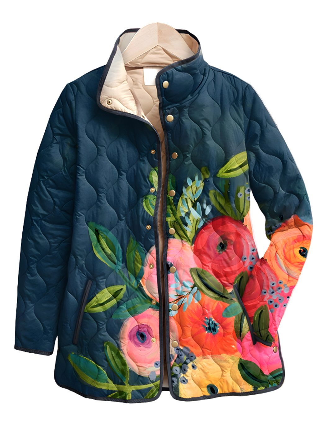 Women's Floral Quilted Lightweight Zip-Up Jacket - Dark Blue