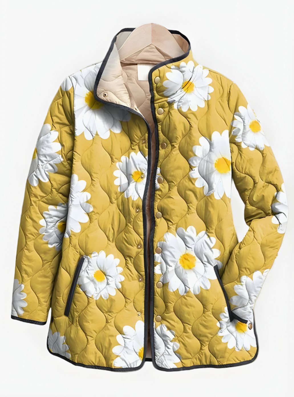 Women's Floral Quilted Lightweight Zip-Up Jacket - Yellow