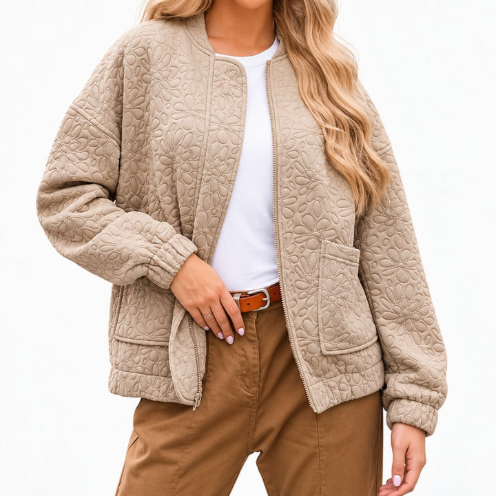 Women's Floral Quilted Zip-Up Bomber Jacket with Pockets - Beige