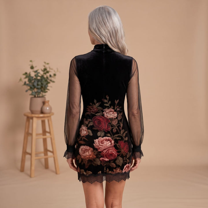 Women's Floral Rose Print Black Tulle Mini Lace Dress