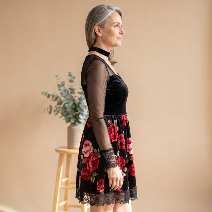Women's Floral Rose Print Black Tulle Mini Lace Dress
