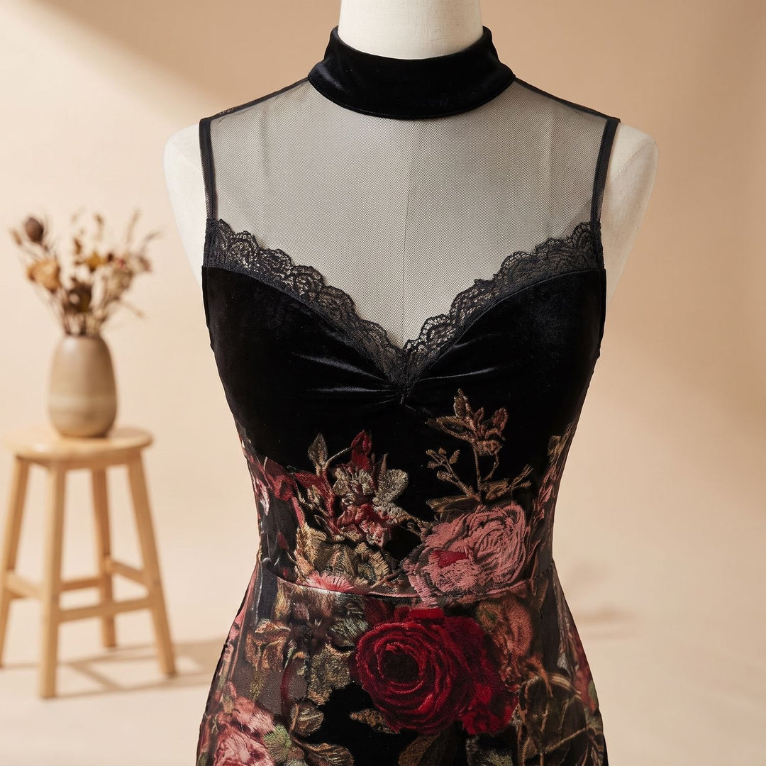 Women's Floral Rose Print Black Tulle Mini Lace Dress
