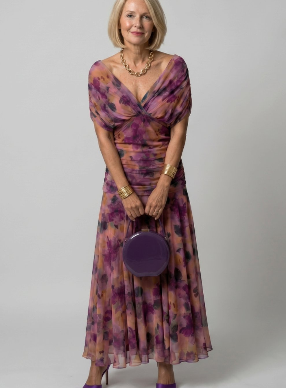 Women's Floral Ruched Off-Shoulder Midi Cocktail Dress - Lilac