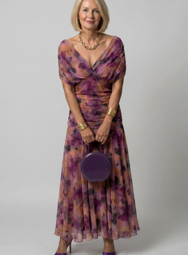 Women's Floral Ruched Off-Shoulder Midi Cocktail Dress - Lilac