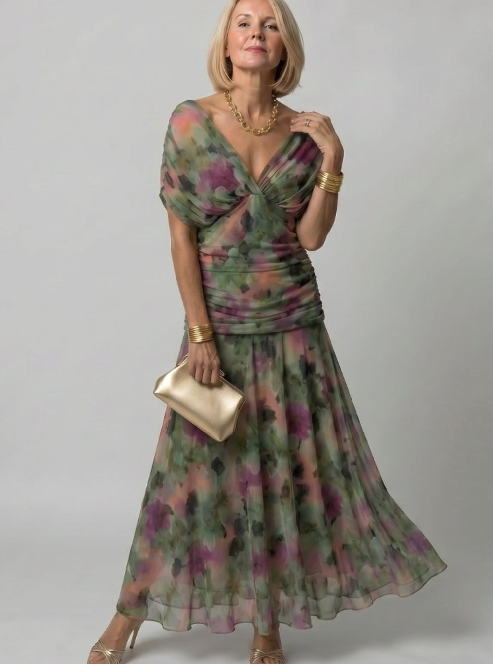 Women's Floral Ruched Off-Shoulder Midi Cocktail Dress - Dark Green