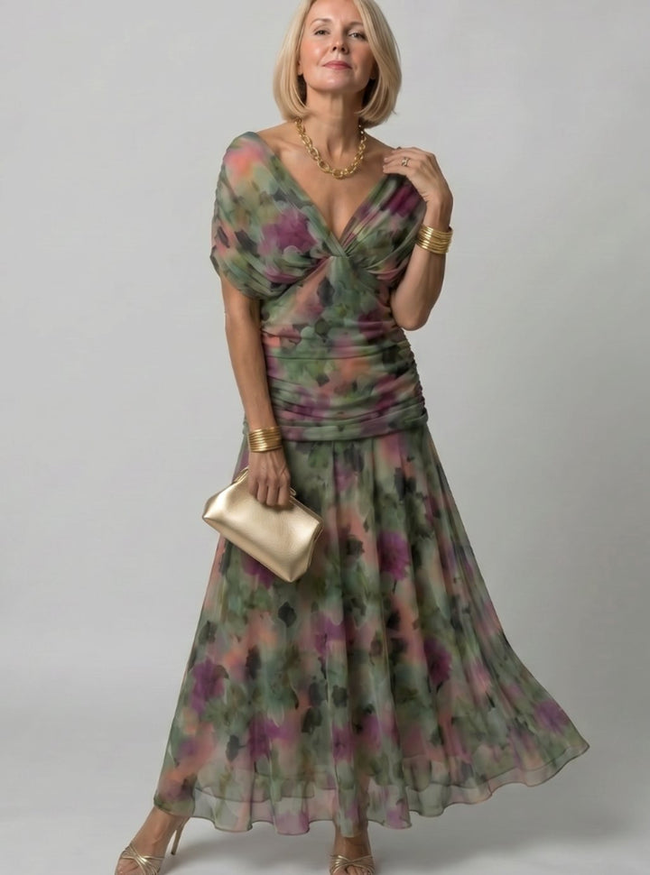 Women's Floral Ruched Off-Shoulder Midi Cocktail Dress - Dark Green