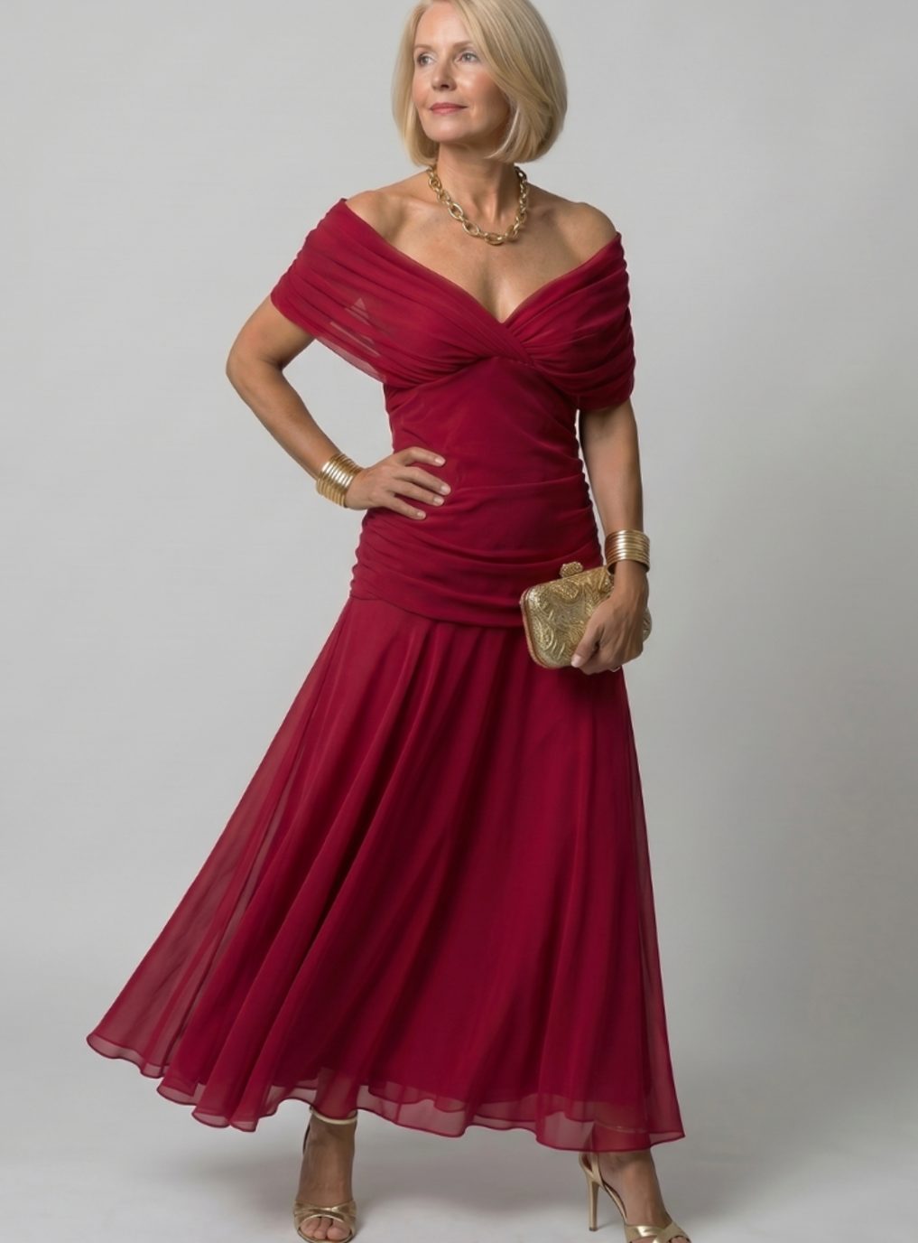 Women's Floral Ruched Off-Shoulder Midi Cocktail Dress - Red