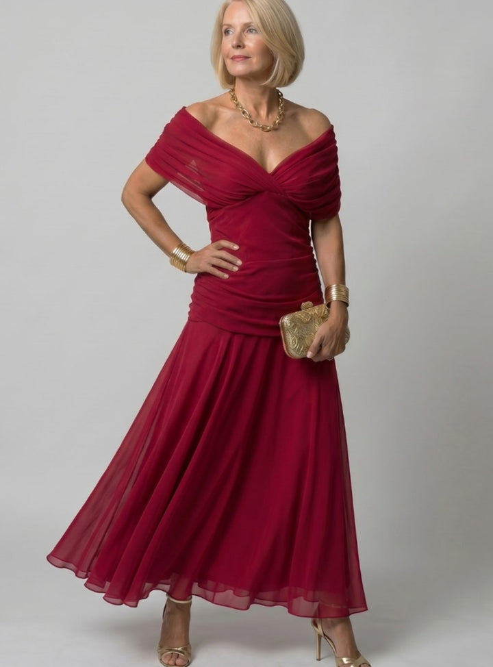 Women's Floral Ruched Off-Shoulder Midi Cocktail Dress - Red
