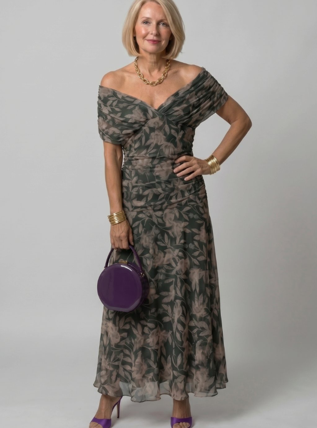 Women's Floral Ruched Off-Shoulder Midi Cocktail Dress - Multicolor