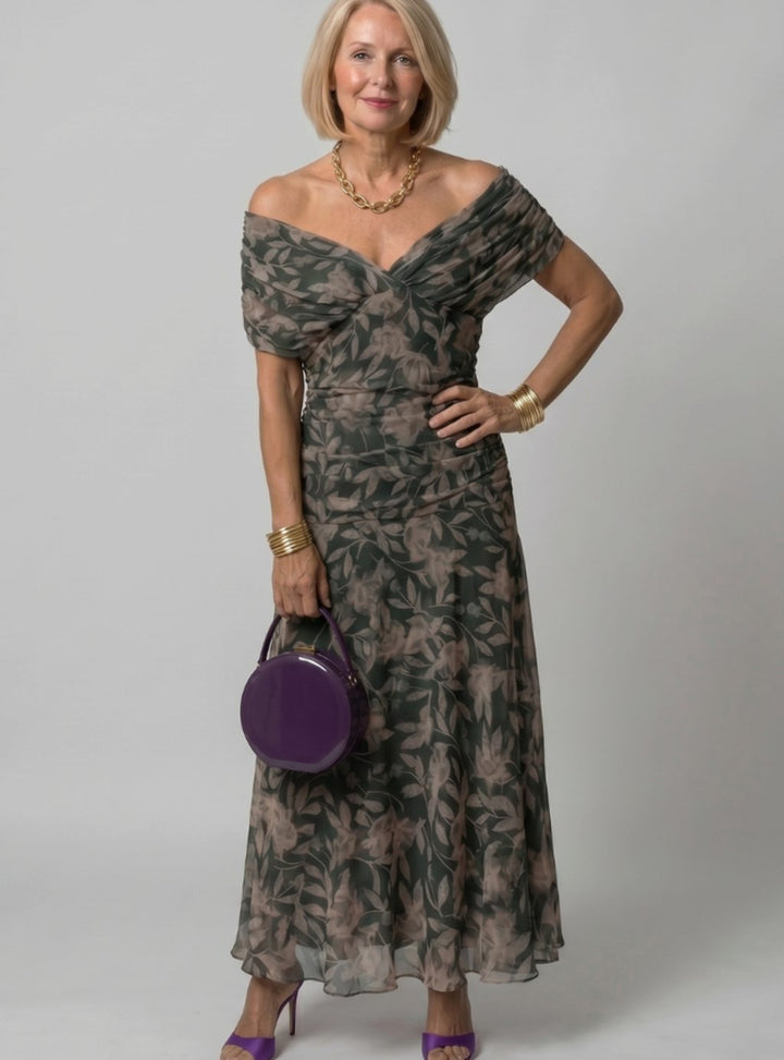 Women's Floral Ruched Off-Shoulder Midi Cocktail Dress - Multicolor