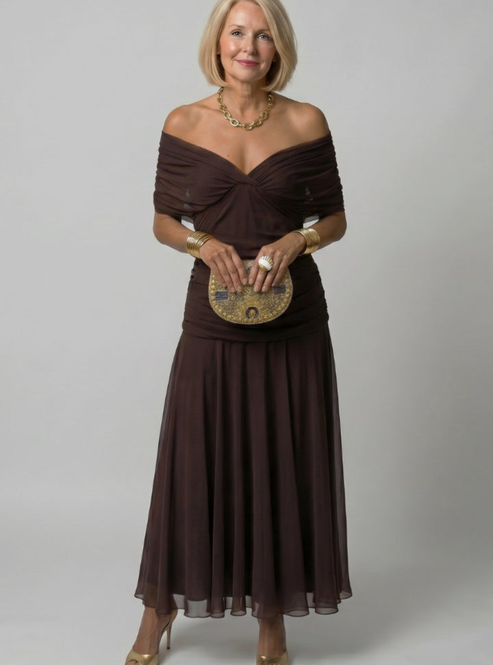 Women's Floral Ruched Off-Shoulder Midi Cocktail Dress - Brown