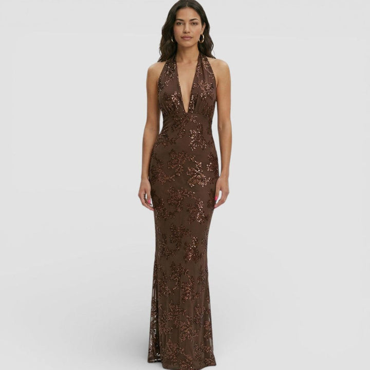 Women's Floral Sequin Halter-Neck Fitted Maxi Dress - Brown