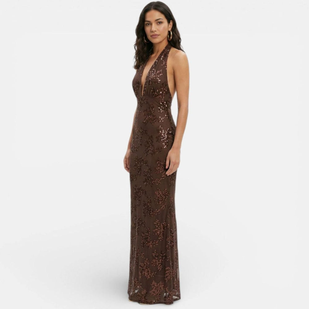 Women's Floral Sequin Halter-Neck Fitted Maxi Dress