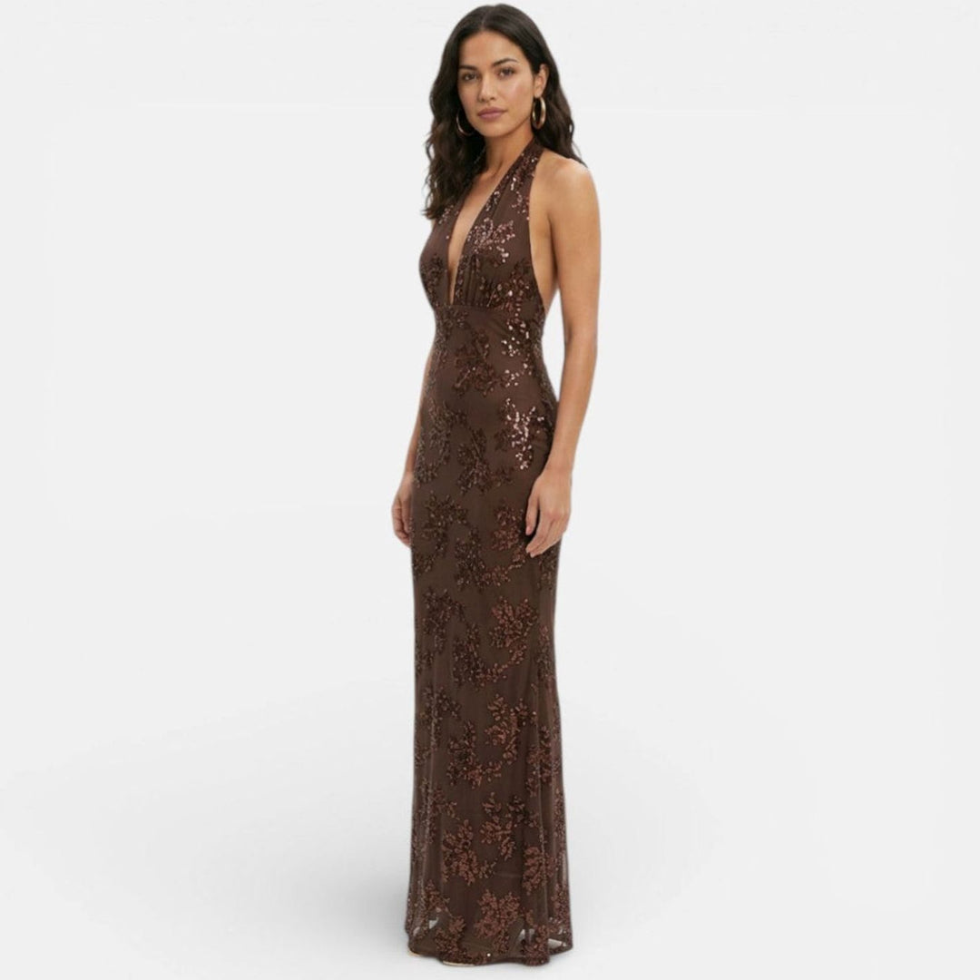 Women's Floral Sequin Halter-Neck Fitted Maxi Dress