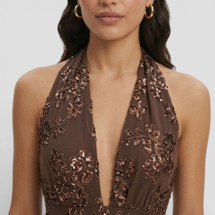 Women's Floral Sequin Halter-Neck Fitted Maxi Dress