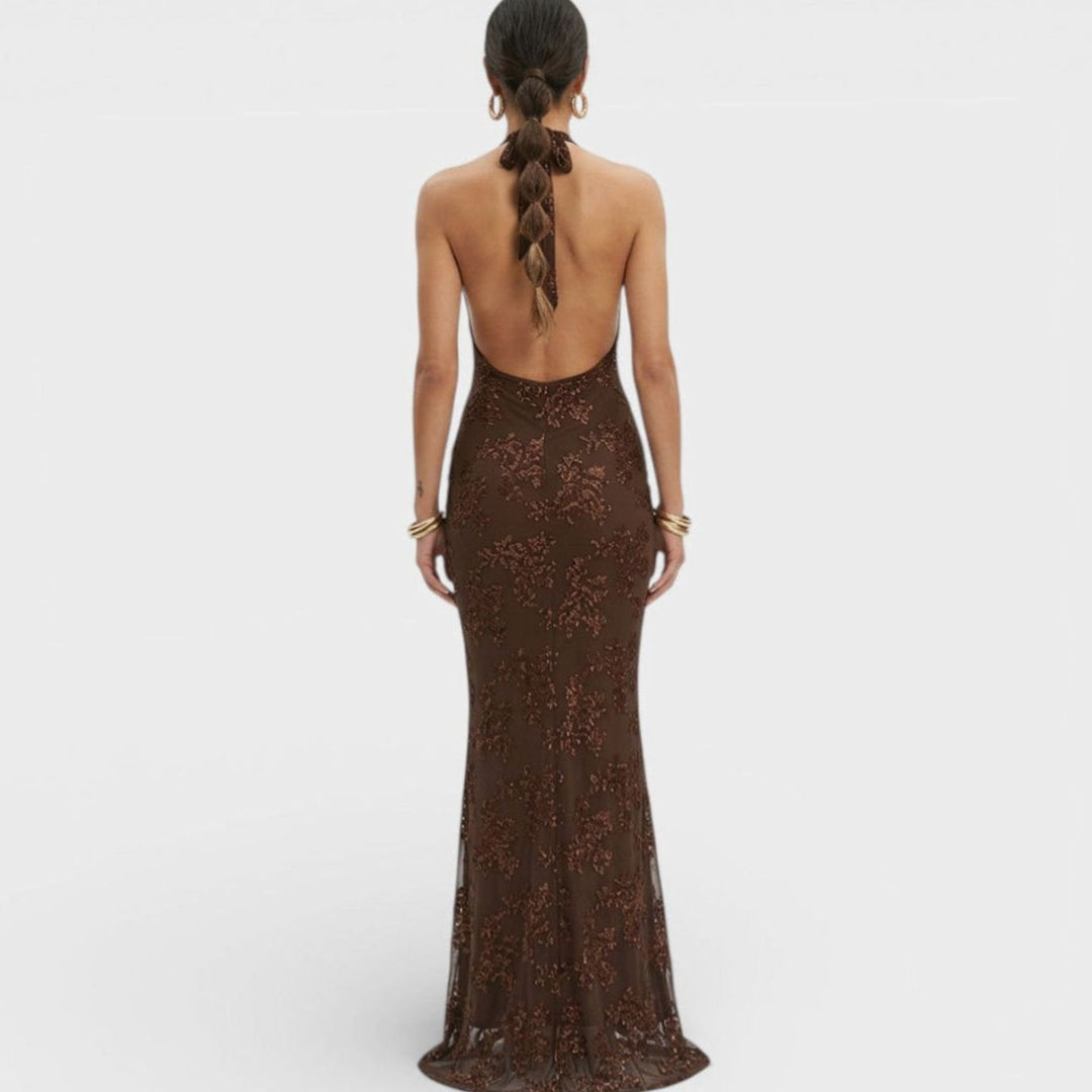 Women's Floral Sequin Halter-Neck Fitted Maxi Dress