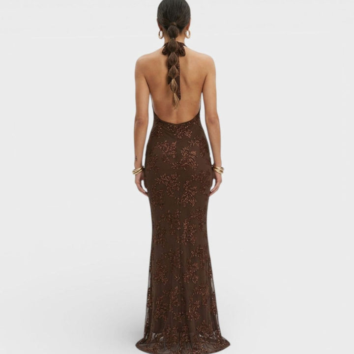 Women's Floral Sequin Halter-Neck Fitted Maxi Dress
