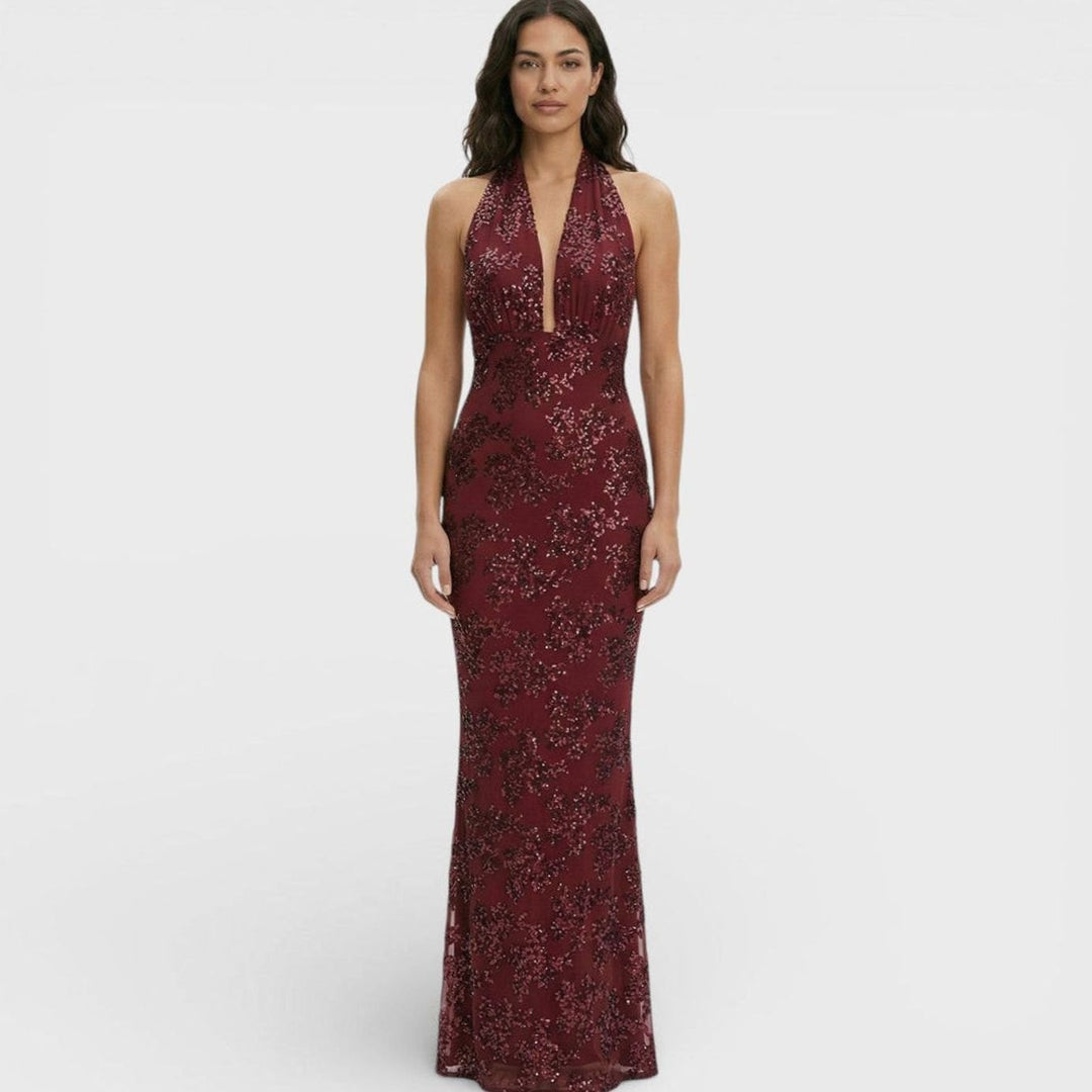 Women's Floral Sequin Halter-Neck Fitted Maxi Dress - Red