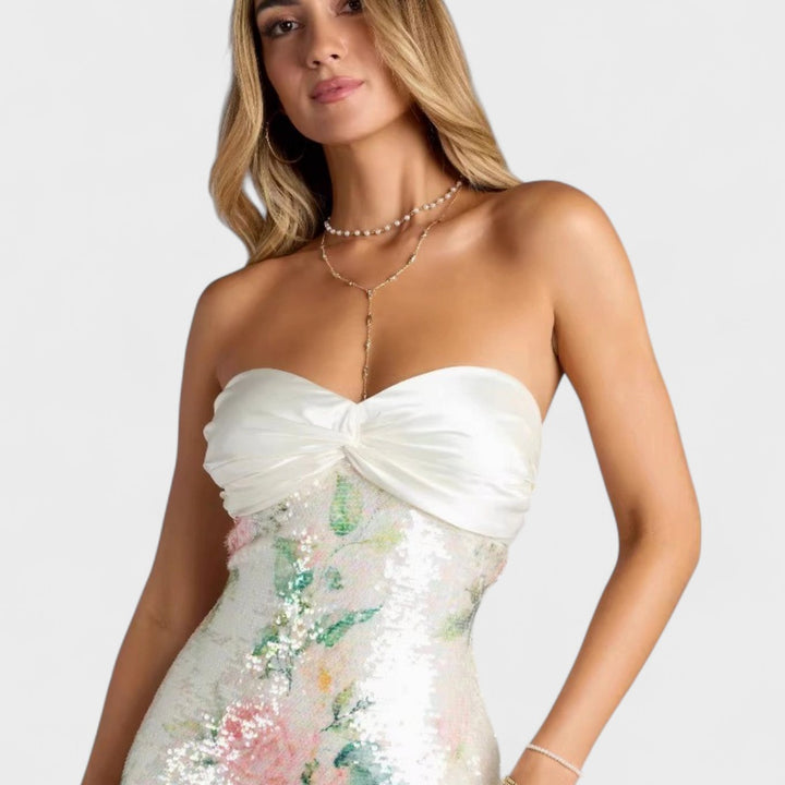 Women's Floral Sequin Strapless Sweetheart Neckline Mini Dress