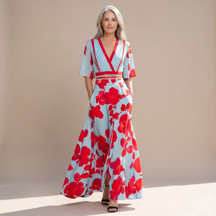Women's Floral V-Neck Short Sleeve A-Line Spring Midi Dress - Red