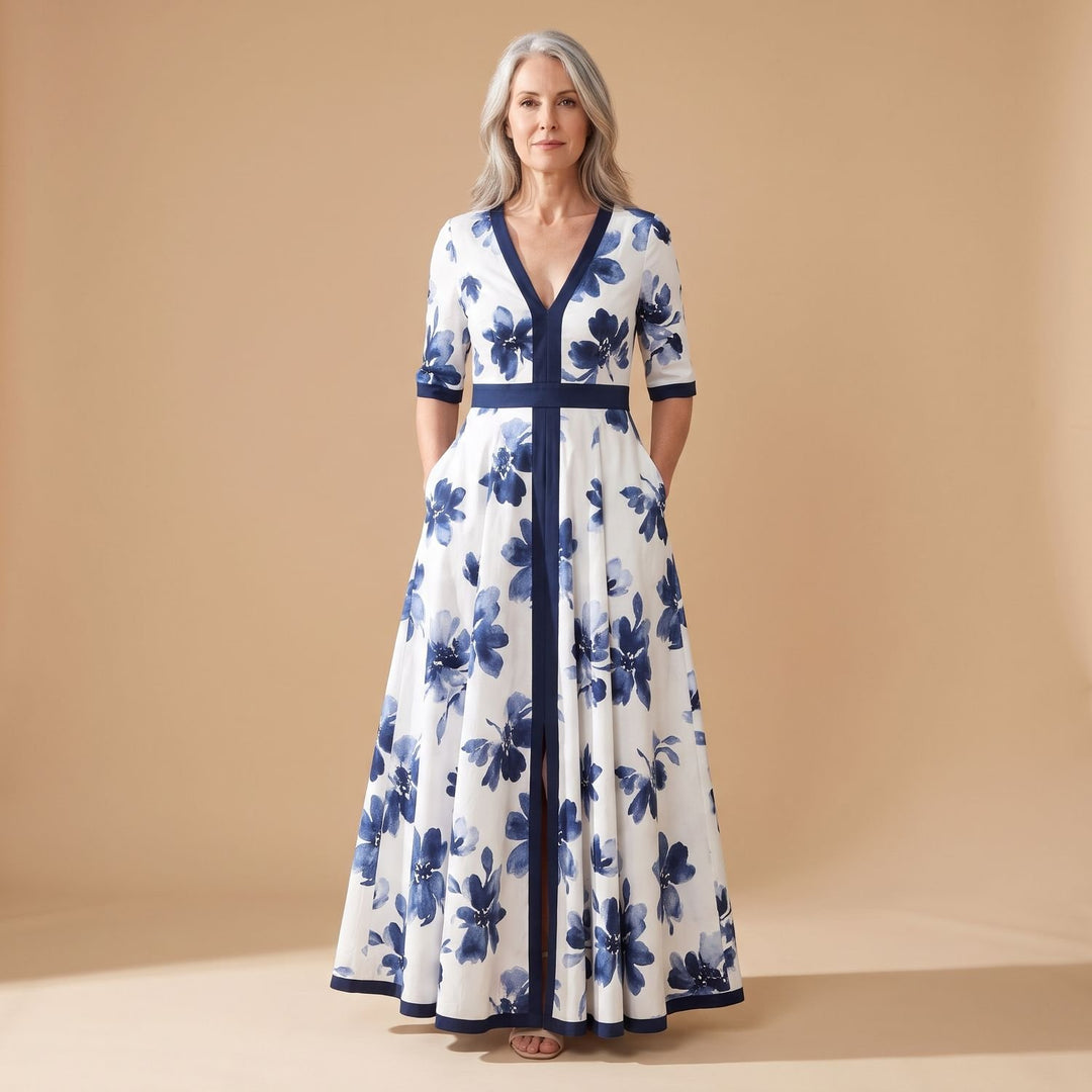 Women's Floral V-Neck Short Sleeve A-Line Spring Midi Dress - White