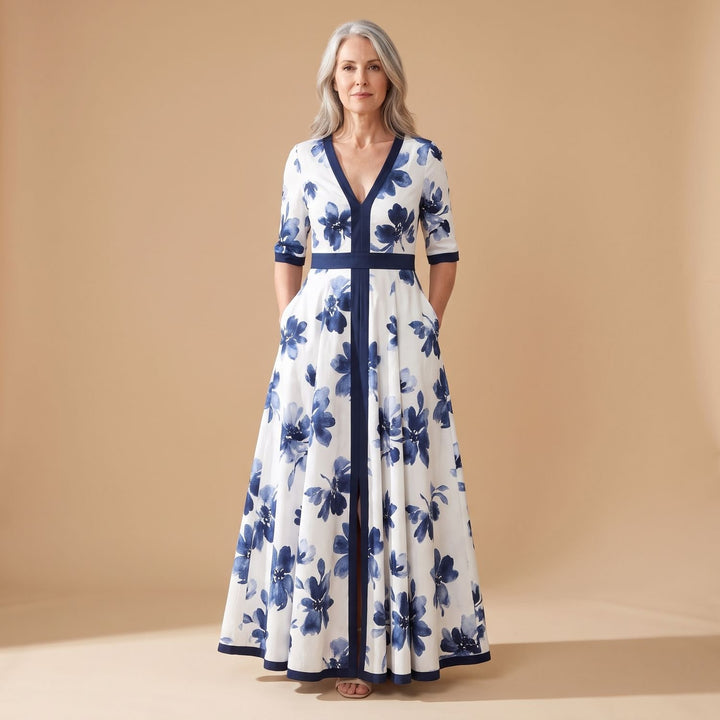 Women's Floral V-Neck Short Sleeve A-Line Spring Midi Dress - White