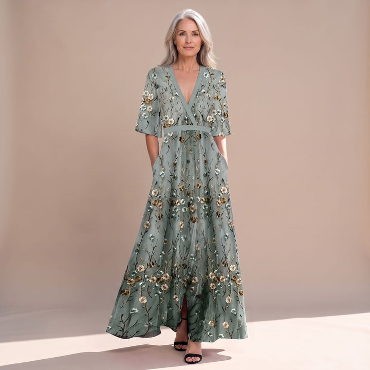 Women's Floral V-Neck Short Sleeve A-Line Spring Midi Dress - Green