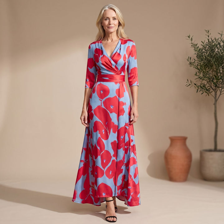 Women's Floral Wrap Maxi Dress V-Neck 3/4 Sleeve A-Line - Red