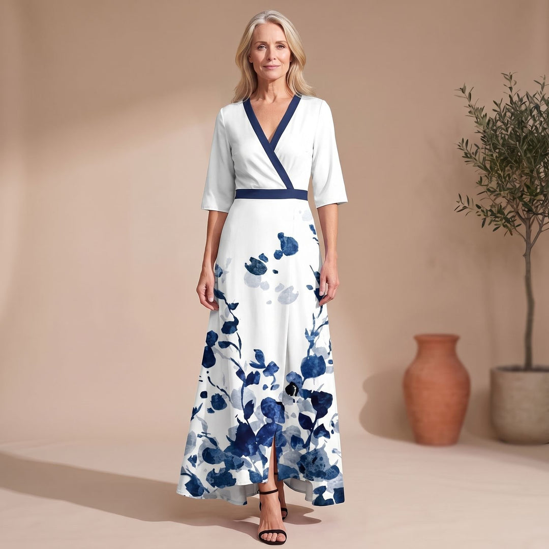 Women's Floral Wrap Maxi Dress V-Neck 3/4 Sleeve A-Line - White
