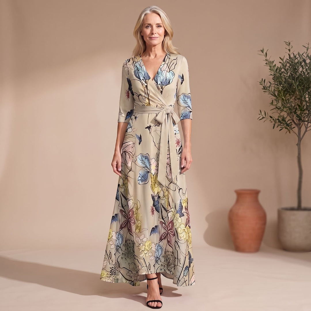 Women's Floral Wrap Maxi Dress V-Neck 3/4 Sleeve A-Line - Champagne